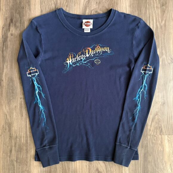 Vintage Harley Davidson Lightning T-Shirt Women's Size M Blue Motorcycle Tee Y2K - Picture 2 of 7